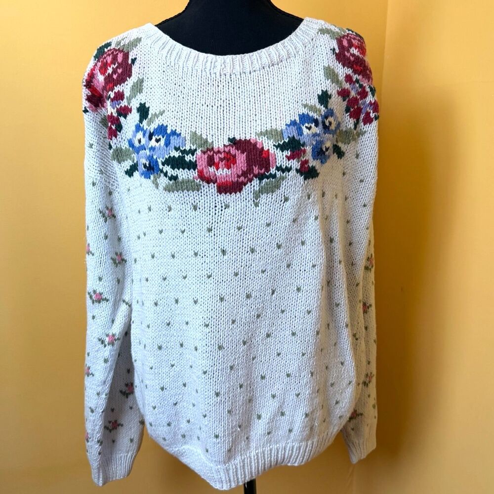 Vtg 80s Cabin Creek Floral Hearts Knit Sweater Large Cream Cottagecore Grandma